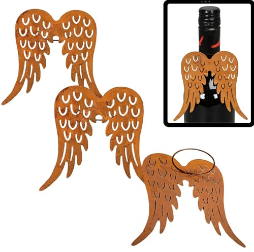 Storm's Gartenzaubereien Engelsflügel Metall 3er Set - Flaschendeko, Serviettenring für Weihnachten, Weinflaschenabdeckung 10cm x 9,5cm - Rostoptik
