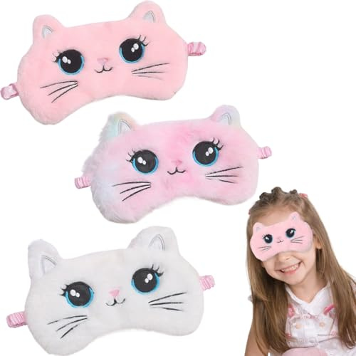 ZEPIQOR 2 Stück Schlafmaske für Kinder Weiche Augenbinde für Plüsch Schlafaugenabdeckung Süßer Tier Schlafaugenschutz für Mädchen Jungen Reisen Nickerchen Partyzubehör (Rosa Weißer Katzen Stil)