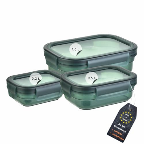 Engelland - 3er Set Aufbewahrungsdosen mit Deckel, luftdicht, auslaufsicher, stapelbar, Vorratsdose, BPA-frei, Kunststoff, verschiedene Größen, 0,2 L / 0,5 L / 1,0 L, transparent-moosgrün