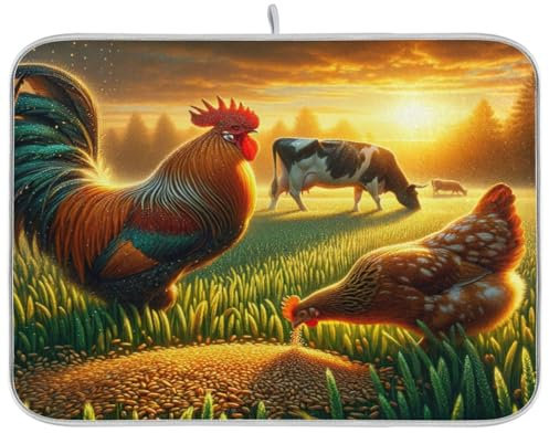 Küchenmatte für Geschirr, Motiv: Hahn und Henne Milch, Kuh, 45,7 x 61 cm