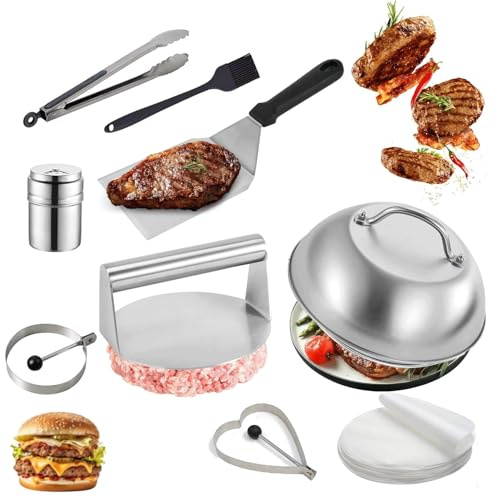 9Pcs Burger Press Kit with Smash Burger Press, Griddle Spatula, Burger Cloche, Egg Rings, Tongs, Brush, Shaker & 50 Wax Discs, Meat Press, Burger Smasher, Griddle Accessories Kit