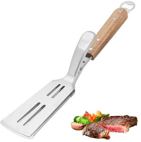 NEXROLA pinza barbecuee in acciaio inossidabile, accessorio barbecue 2 in 1 pinza e spatola, set barbecue multifunzionale con apribottiglie e pressa per hamburger