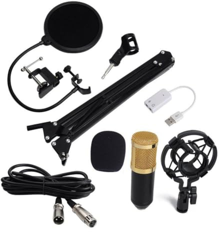 HAMPPLIES Micrófono de Condensador con Soporte Metálico Negro Bm-800 | Kit con Filtro, Cable de Alimentación y Tarjeta de Sonido, Montaje y Funda, para Ordenador y Escenario