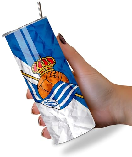 KaTunn - Botella Térmica Acero Inoxidable Personalizada con Pajita - Diseño Fútbol LaLiga - 600ml - Para Niños y Adultos(Real Sociedad)