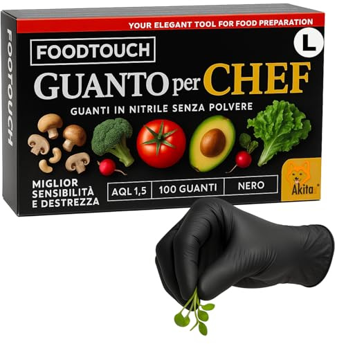 AKITAInk Guanti Chef Nitrile Neri 100 Pezzi Food Touch | Monouso Professionale per Chef e Ristorazione | Senza Polvere, 4g | Ideali per Ristorazione e Manipolazione Alimenti (L)