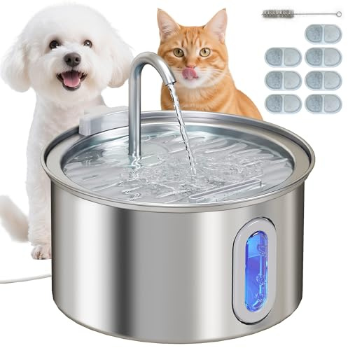 PawHut Fontanella per Gatto da 2.5L con Luce LED, Spazzola e 2 Modalità di Flusso, Fontana per Gatti in Acciaio Inox 304, 19.4x19.4x18.7 cm, Argento