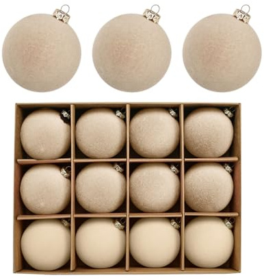 Lot de 12 Boules De NoëL en Velours Incassables, Décorations pour Sapin De NoëL, Flocage, Boules Suspendues De 6 Cm, Ornements pour Décoration De Maison Et De Vacances (Beige)