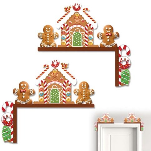 2 Piezas Decoración de Esquina de Puerta Navideña, Decoraciones de Marco de Puerta de Navidad, Artesanales de Madera Simpática Figurita de Hombrecito de jengibre, Creativa Decoración Navidad Hogar