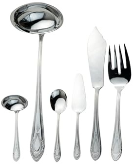 Juego de Piezas de Servir en Acero Inoxidable (6 Piezas), Cucharón, Cazo, Cuchara de Servir, Pala de Tarta, Cuchillo Pescado y Tenedor de Servir, Pulido Espejo, Apto Lavavajillas