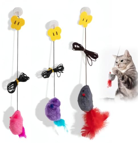 JiaHeHe Set di 3 giocattoli appesi per gatti, giocattolo interattivo con topo in peluche e coda di piume, corda elastica regolabile, gioco dinamico e senza batterie, giocattolo per gatti interni