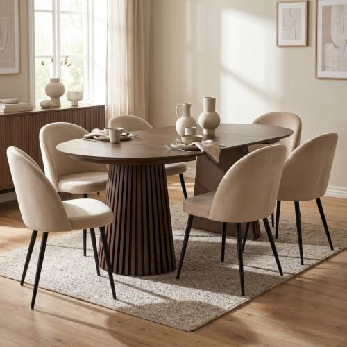 Esstisch oval ausziehbar - Essgruppe Tokyo 7-teilig für 6 Personen Smoked 120x120-160/200 cm Tisch mit 6 beigen Velours Stühlen Esszimmergruppe Speisegruppe Wohnküche Esszimmermöbel Essplatzmöbel