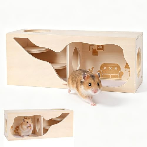 Hamsterhaus aus Holz mit Tunnel und Kammern, Hamsterversteck Holzh für Kleintiere Haustiere, Natürliches Erkundungsspielzeug für Zwerghamster, Syrische Hamster, Rennmäuse, Igel