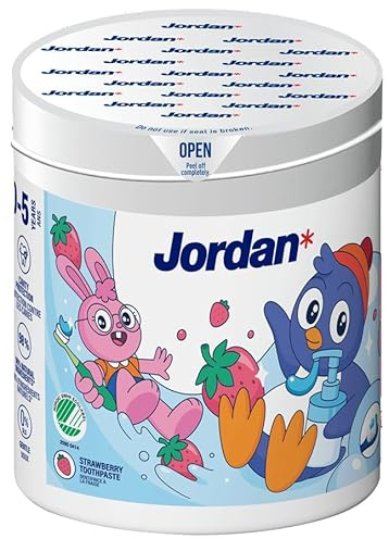Jordan ® | Kinder Zahnpasta Nachfüllpack 0–5 Jahre | Erdbeer Geschmack | Für Pumpenspender | 98% natürliche Inhaltsstoffe | 0% SLS | Sanfter Kariesschutz | 1000ppm | 150 ml