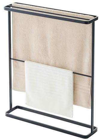 Yamazaki Tower Handtuchständer aus Stahl - freistehend, Badezimmer, für Hantücher/Badematte, schmal, modern - 15 x 65 x 75 cm, Japanisches Design, schwarz