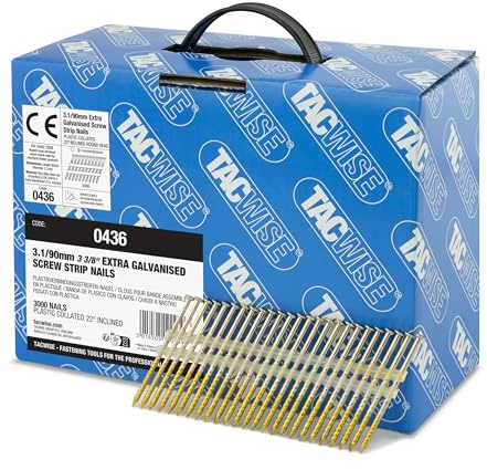 Tacwise 0436 Clavos Extra Galvanizados para Estructuras, 3,1/90 mm, Cabeza Redonda, Vástago Roscado, Inclinados 22°, en Tiras de Plástico, Paquete de 3000