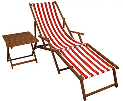 Erst-Holz Lunga Sedia Sdraio a Righe Bianco-Rosse con braccioli in Faggio e con tavolino 10-314FT