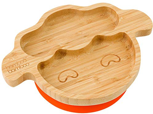 bamboo bamboo Baby Teller Kinderteller, Kindergeschirr mit Saugnapf, Bambus Babyteller mit sicherem Saugnapf, Sugnapf Teller Baby ab 6 Monaten (Lamm, Orange)
