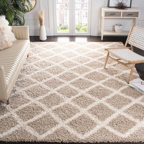 SAFAVIEH Dallas Shag Collection X-Large Area Rug - 11' x 15', Beige & Ivory, Trellis Design, Non-Shedding & Easy Care, 1.5-inch Thick Ideal for High Traffic Areas in Living Room, Bedroom (SGD258D)