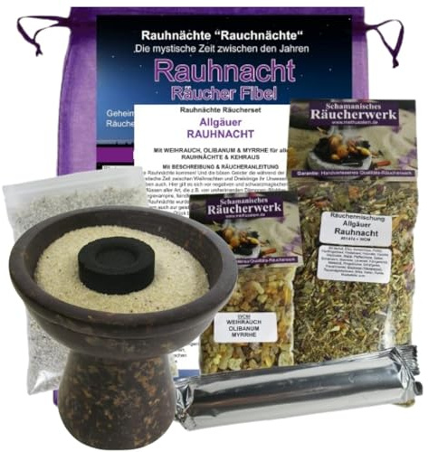 Rauhnächte räuchern 8-TLG Räucher-Starter-Set ALLGÄUER RAUHNACHT. XL Räucherschale Räucherkelch + 20 HEIMISCHE KRÄUTER, WEIHRAUCH, MYRRHE. Räucherwerk, Rauhnachtfibel, Zubehör. 81474-BK10