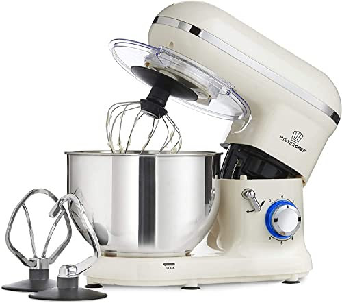 MisterChef PRO Electric Kitchen Food Stand Mixer, Big Bowl, Eggbeater, Dough Hook & Stainless Steel Whisk 5.5L Stainless Steel Bowl, Cream