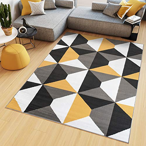 TAPISO Maya Teppich Kurzflor Grau Gelb Geometrisch Vierecke 80 x 150 cm | Weiß Modern Figuren Design Wohnzimmer Schlafzimmer Büro oeko-tex