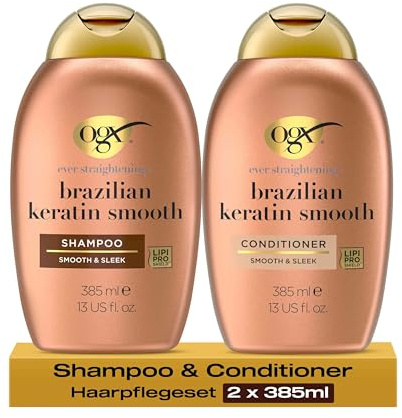 OGX Brazilian Keratin Smooth Set mit Shampoo (385ml) & Conditioner (385ml) für kräftigeres, geschmeidigeres Haar und glättet die Haarstruktur, Pflegeroutine