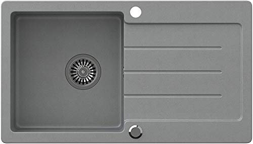 VBChome Spüle Grau 77 x 44 cm Granit Einzelbecken Einbauspüle gesprenkelt reversibel Verbundspüle + Siphon Waschbecken