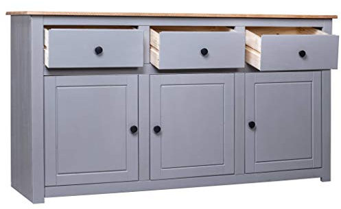 Gawany Sideboard mit 3 Schubladen und 3 Türen Beistellschrank Schubladenschrank Holzschrank Mehrzweckschrank Aufbewahrungsschrank Kommde Standschrank Grau 135 x 40 x 80 cm Massivholz Panama-Kiefer