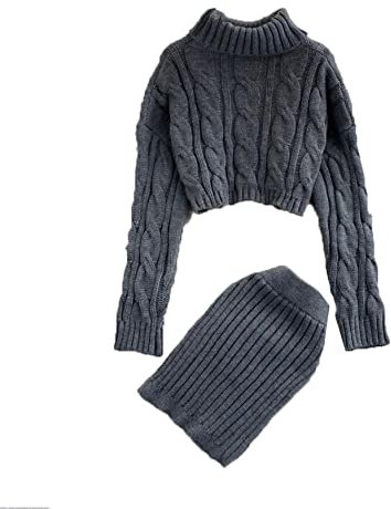 Winter Strickset Frauen Dicke Casual Oversize Rollkragen Pullover Crop Top + Hohe Taille Sexy Bodycon Rock Zweiteiliges Set, grau, One size