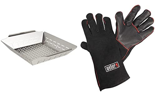 Weber 6434 Panier à Légumes Carré, Acier Inoxydable & Gants de Protection, Noir