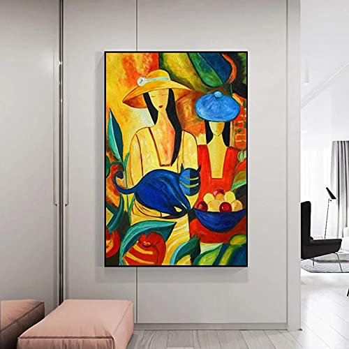 Picasso Berühmtes Gemälde Reproduktion Moderne Leinwand Wandmalerei Sanfte Frauen mit Katze Berühmter Charakter ArtWorks 36x51inch/90x130cm mit schwarzem Rahmen