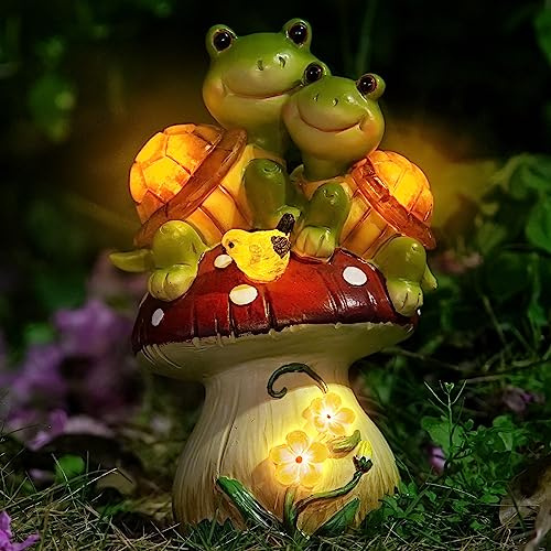 Solar Light Turtle Garden Statue, Turtle on Mushroom Figurine, Lovely Tortoise Garden Statue with 5 LED Lights for Patio, Balcony, Yard, Housewarming, Outdoor Lawn Ornament, Valentines Day Decorations