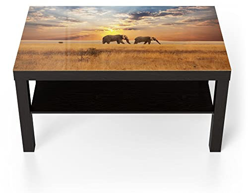 DEQORI Glastisch | schwarz groß 90x50 cm | Motiv Elefanten in der Steppe | ausgefallener Beistelltisch aus Glas | Hochglanz Couchtisch fürs Wohnzimmer | moderner Couch Tisch mit Design