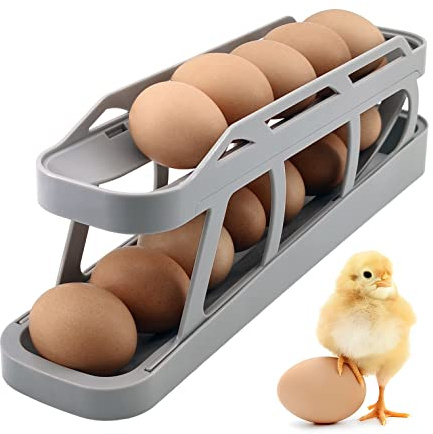 Eierhalter für Kühlschrank, 2 Etagen Rollender Eier Aufbewahrung Kühlschrank, Rutschfeste Unterseite Kühlschrank Organizer Eier (Gray)