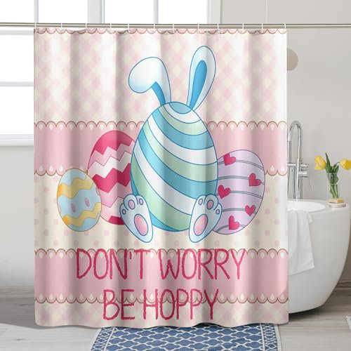 Easter Shower Curtain Bunny Funny Striped Polka Dot Checked Letter Pink Polyester Ornaments Waterproof Decor Thick Grommet Room Indoor Bathroom Dorm Outdoor Short Shower Curtain 72x78 Inch