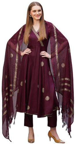 GoSriKi Polycotton Kurta Set för kvinnor med byxa och Dupatta, Vin, XL