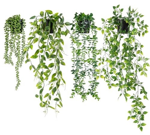 Halbur Kunstpflanze, 4 Stück Künstliche Pflanzen Hängend, Efeu Künstlich, Eukalyptus, Die Träne des Liebhabers Deko, Mandala-Rebe für den Innenbalkon und die Gartendekoration im Freien, 47–80 cm