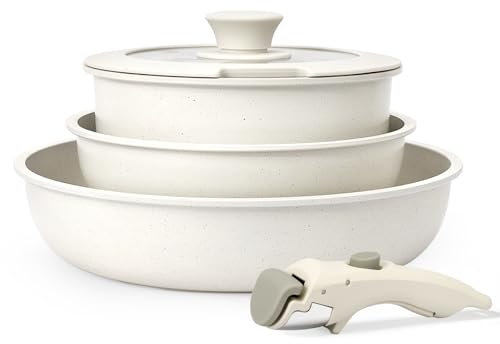 GiPP Juego de 5 ollas y sartén, no pegajoso, Mango desmontable, cocina de inducción, Mango desmontable, cocina rv, seguridad Horno/lavavajillas (Blanco, 5PCS)