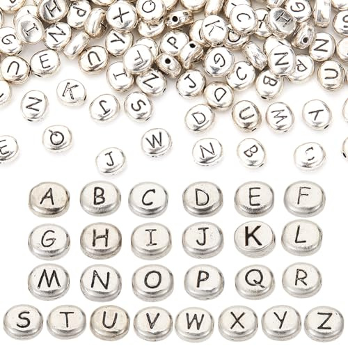 SUNNYCLUE 1 scatola di 104 perline in metallo con lettere dell'alfabeto in lega ovale tibetano antico argento maiuscolo inglese AZ per la fabbricazione di gioielli per il tempo libero creativo nome