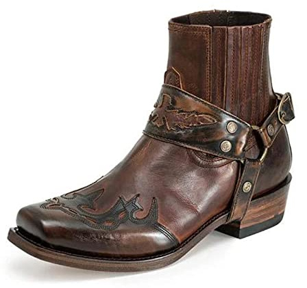 ottspu Cowboy Boots for Men Booties Ankle Cowboy Western Boots Stitched Embroidered Squared Toe Short Chunky Classic