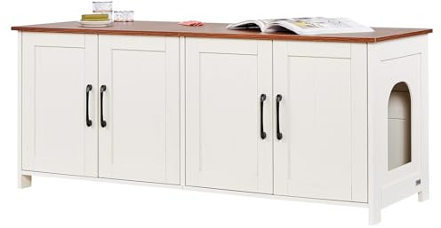 VEVOR Muebles de Baño Oculto para 2 Gatos 1,19 x 0,5 x 0,55 m Casa de Inodoro para Gatos con Puertas Decoradas de Ratán Armario de Madera para Ocultar Las Cajas de Arena para Gatos, Blanco