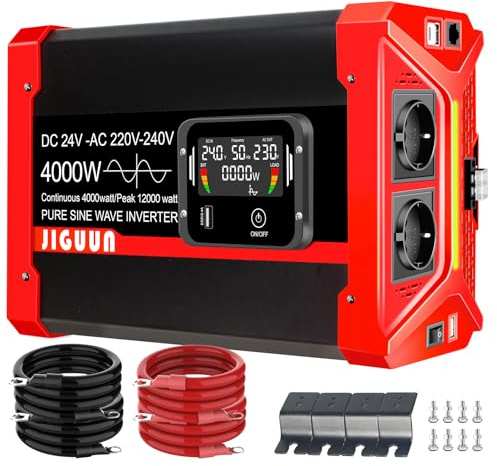 JIGUUN 4000W Wechselrichter 24V Auf 230V Reiner Sinus Spannungswandler mit LCD-Anzeige,Abnehmbare Fernbedienung,2 EU Steckdosen,3 USB+1 Type-C,Spitzenleistung 12000W