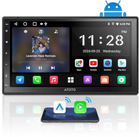 ATOTOZONE Android AI Doppel Din Radio mit Navi, 7 Zoll Auto Radio Touch Display Digital Media Receiver, Wireless CarPlay&Android Auto, Wi-Fi/USB/Bluetooth Autoradio, 24-B EQ DSP, FM/AM/RDS, A5LG2B7T