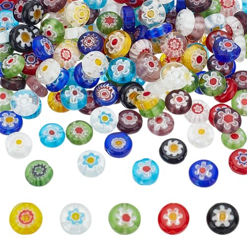 HOBBIESAY 150Pcs Millefiori Lampwork Glass Beads 7-9mm Flower Flat Round Spacer Beads Mixed Colors Coin Glass Loose Beads for DIY Bracelets Earring Necklace Jewelry Making,Hole:1mm