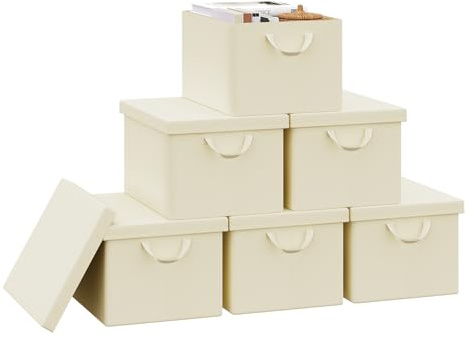 WOLTU Faltbare Aufbewahrungsboxen 6 Stück, mit Deckel, Creme, 43x33x26cm | aus Polyesterstoff, für Schlafzimmer, Arbeitszimmer, Wohnzimmer, Organizer Box mit Griffen, faltbar,