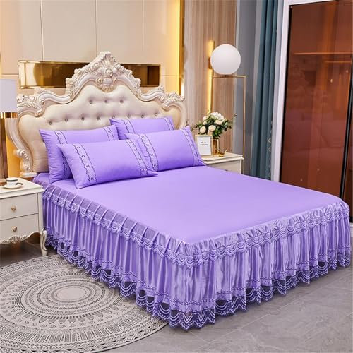 Highdi Betthusse Bettrock Bettvolant Stickerei Spitze Elastische Bettwäsche mit Rüschen, Rüschen Bettwäsche mit Plattform Bed Skirt Bettrock Umwickeln mit Elastischem Gürtel (Lila,200x220cm)