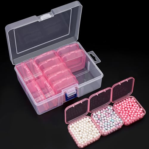 Segbeauty Caja Organizadora Plastico, 2 Pcs Caja Abalorios de 19 Compartimentos, Caja Organizadora Manualidades Transparente, Caja Clasificadora Plastico con Pegatinas para Tornillos, Botones (Rosa)