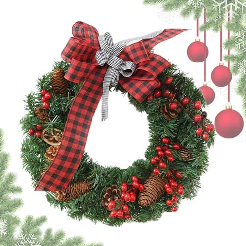 Weihnachtskranz, großer Weihnachtskranz – künstliche Weihnachtskränze von 43 cm – Willkommenskranz für Tür, Weihnachtsdekoration für Haustürwand