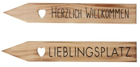 Gartenstab Maia mit Schriftzug - Herzlich Wilkommen & Lieblingsplatz - 2er-Set Holzstab Kiefernholz Pflanzstab Pflanzstütze Rankstab Garten Outdoor 7 x 45 cm