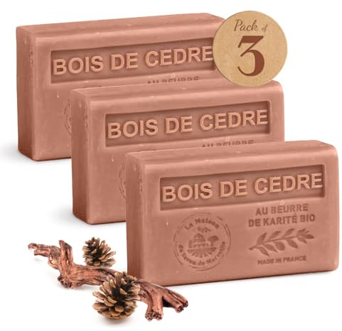 La Maison du Savon de Marseille Seife Sandelholz 3 x 125g mit Bio Sheabutter, Feuchtigkeitspendend für Hände & Körper, Seife Zedernholz hergestellt in der Provence, 97% natürliche Inhaltsstoffe
